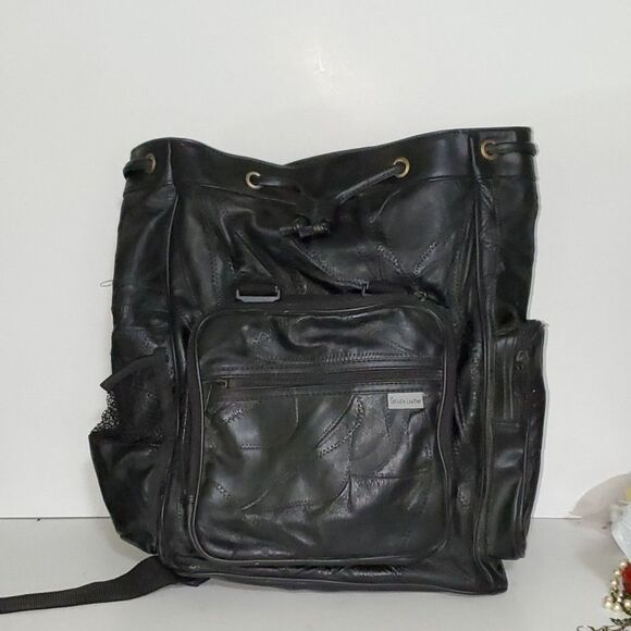 A Genuine Leather Backpack School Hiking Knapsack Black Adjustable As-Is - Picture 2 of 14